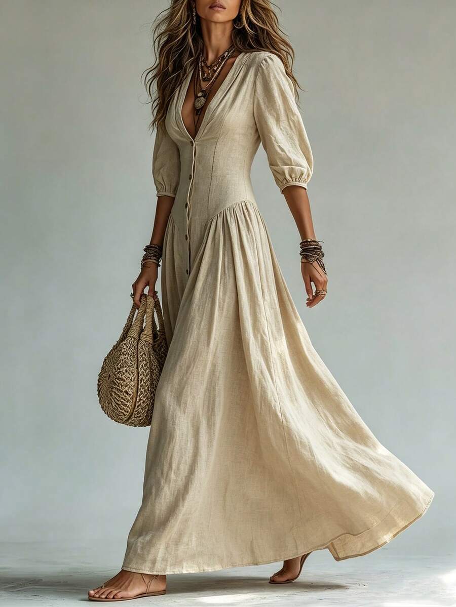 Nova Deep V-Neck Single-Breasted Puff Sleeve Maxi Dress - view 3