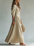 Nova Deep V-Neck Single-Breasted Puff Sleeve Maxi Dress - view 4