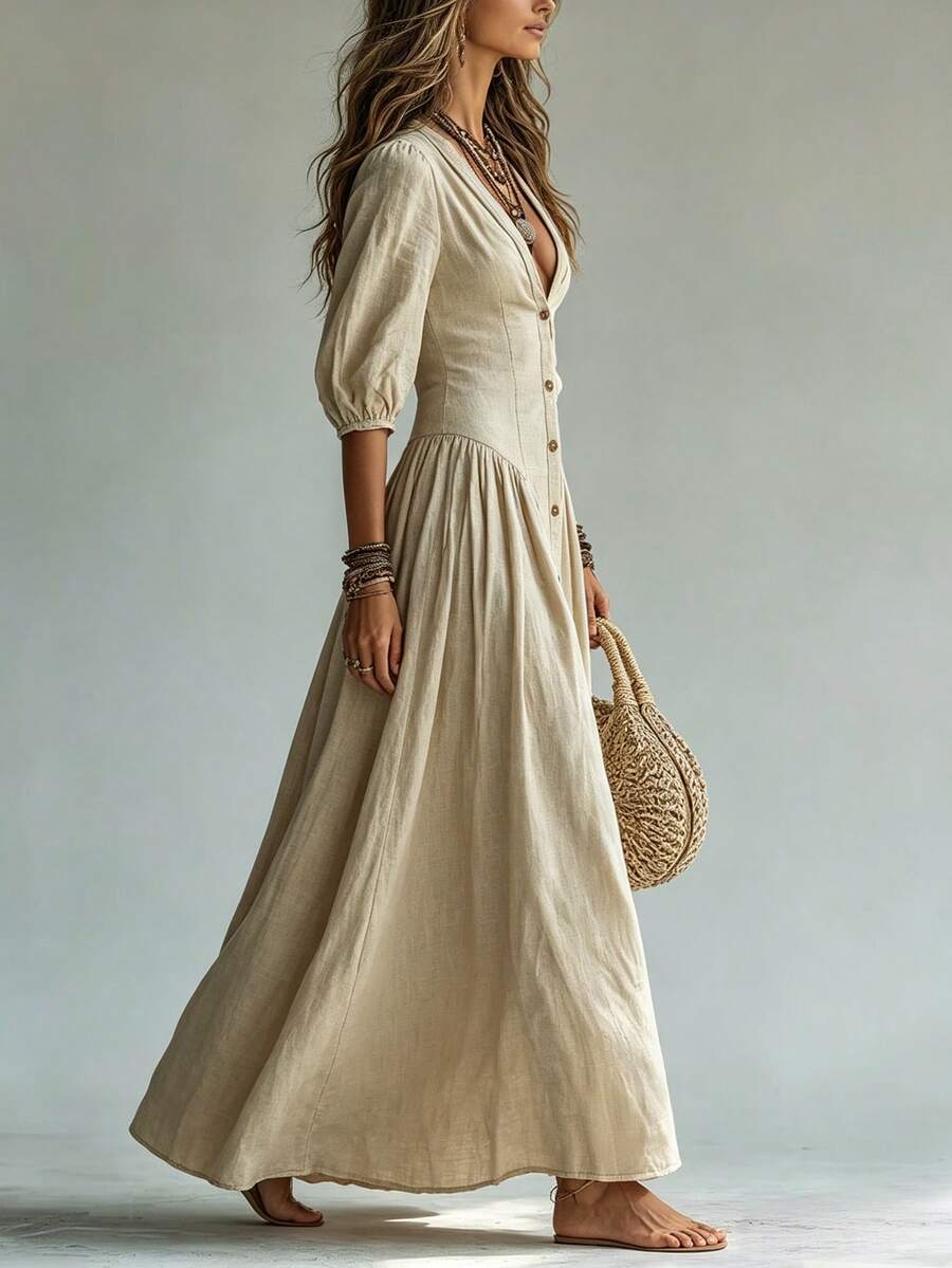 Nova Deep V-Neck Single-Breasted Puff Sleeve Maxi Dress - view 4