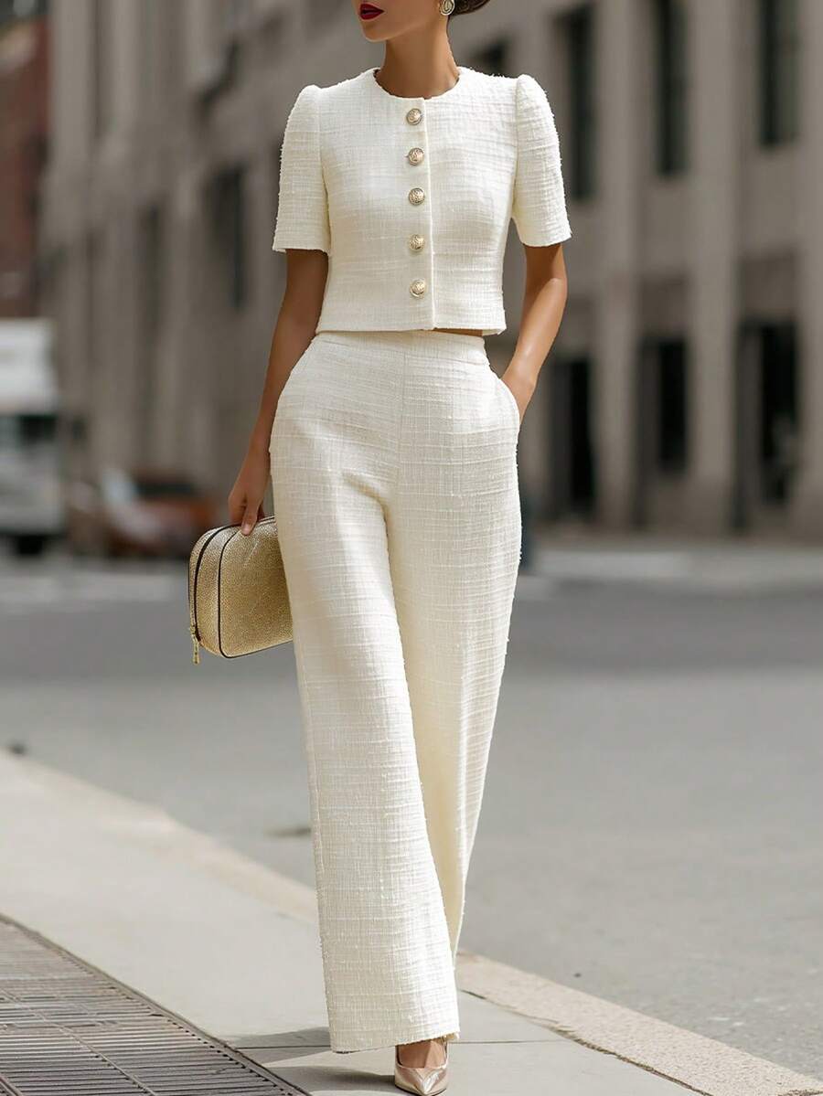 Clementine Cropped Jacket & Wide Leg Trousers Set - front view