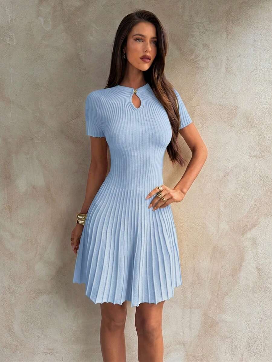Rae Keyhole Ribbed Knit Umbrella Mini Dress - view 11