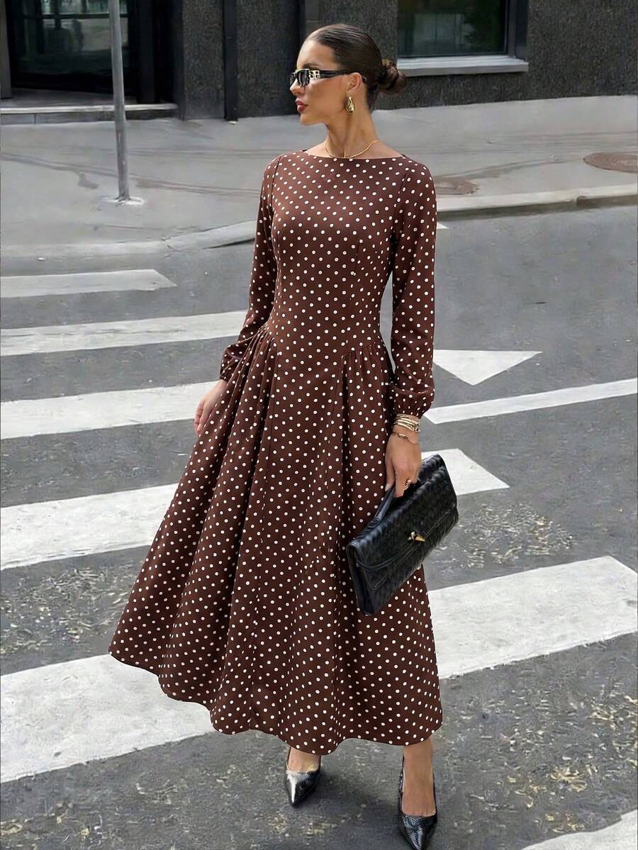 Lola Round Neck Polka Dot Pleated A-Line Maxi Dress - front view