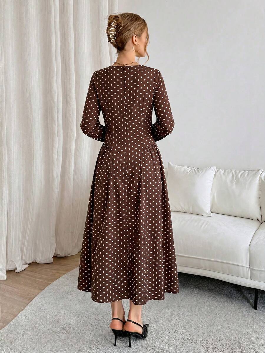 Lola Round Neck Polka Dot Pleated A-Line Maxi Dress - view 6