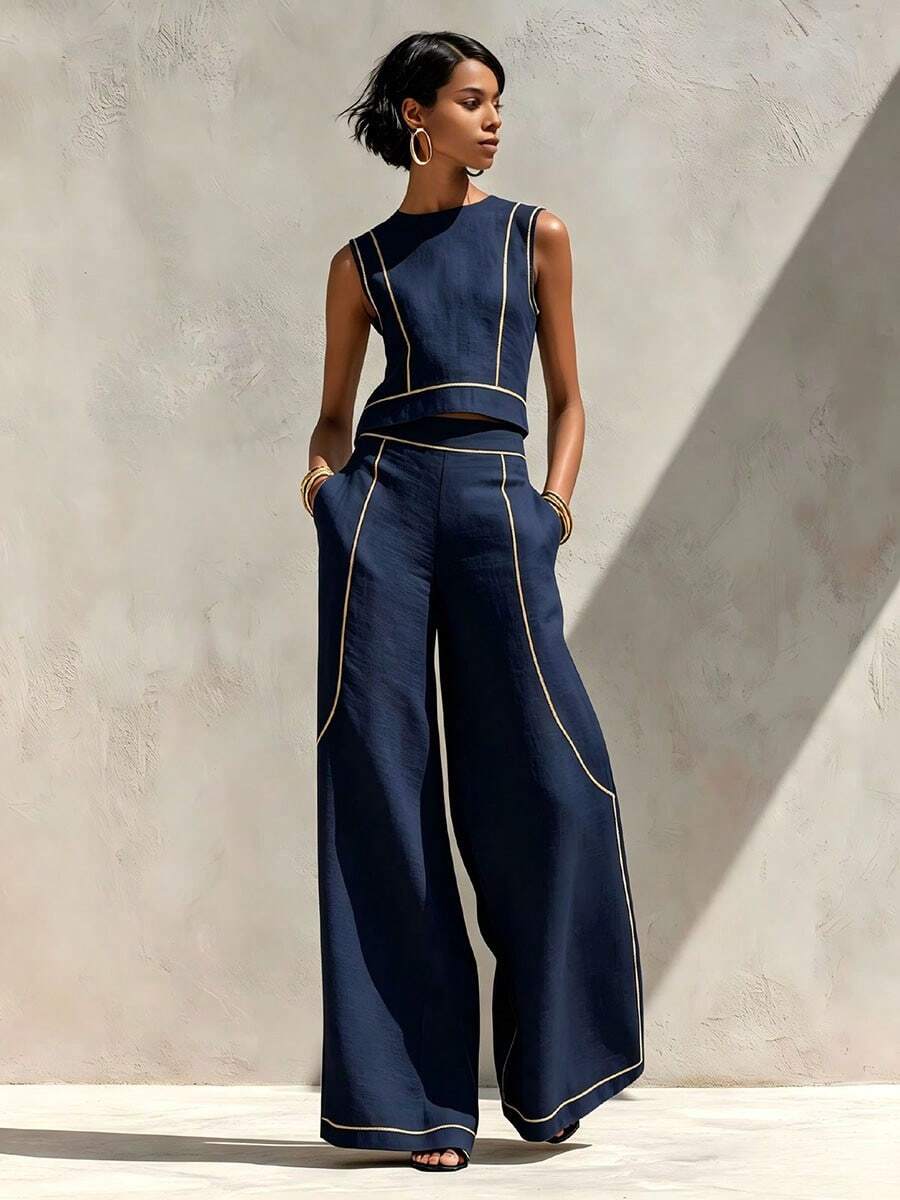 Mira Contrast-Piped Vest Top & Trousers Set - front view