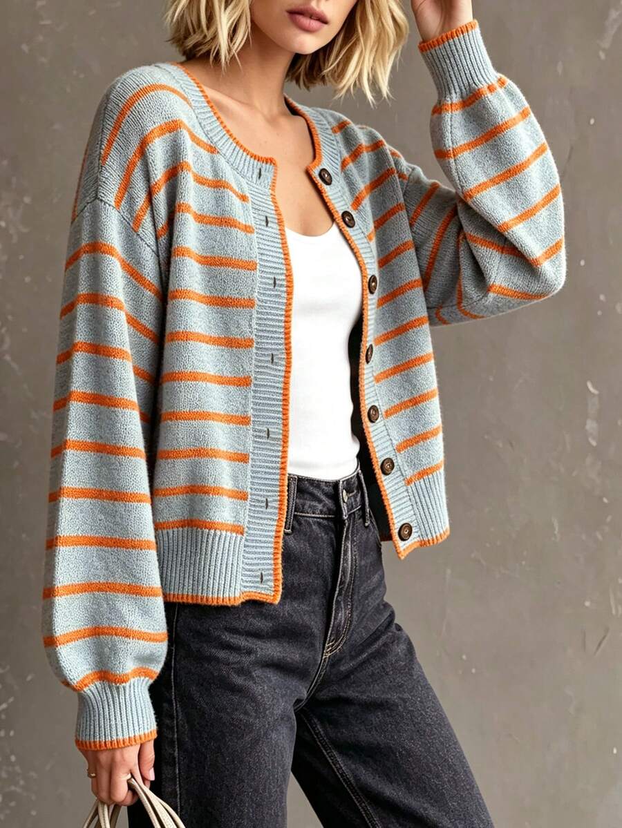Layla Round Neck Striped Button Front Cardigan - view 5