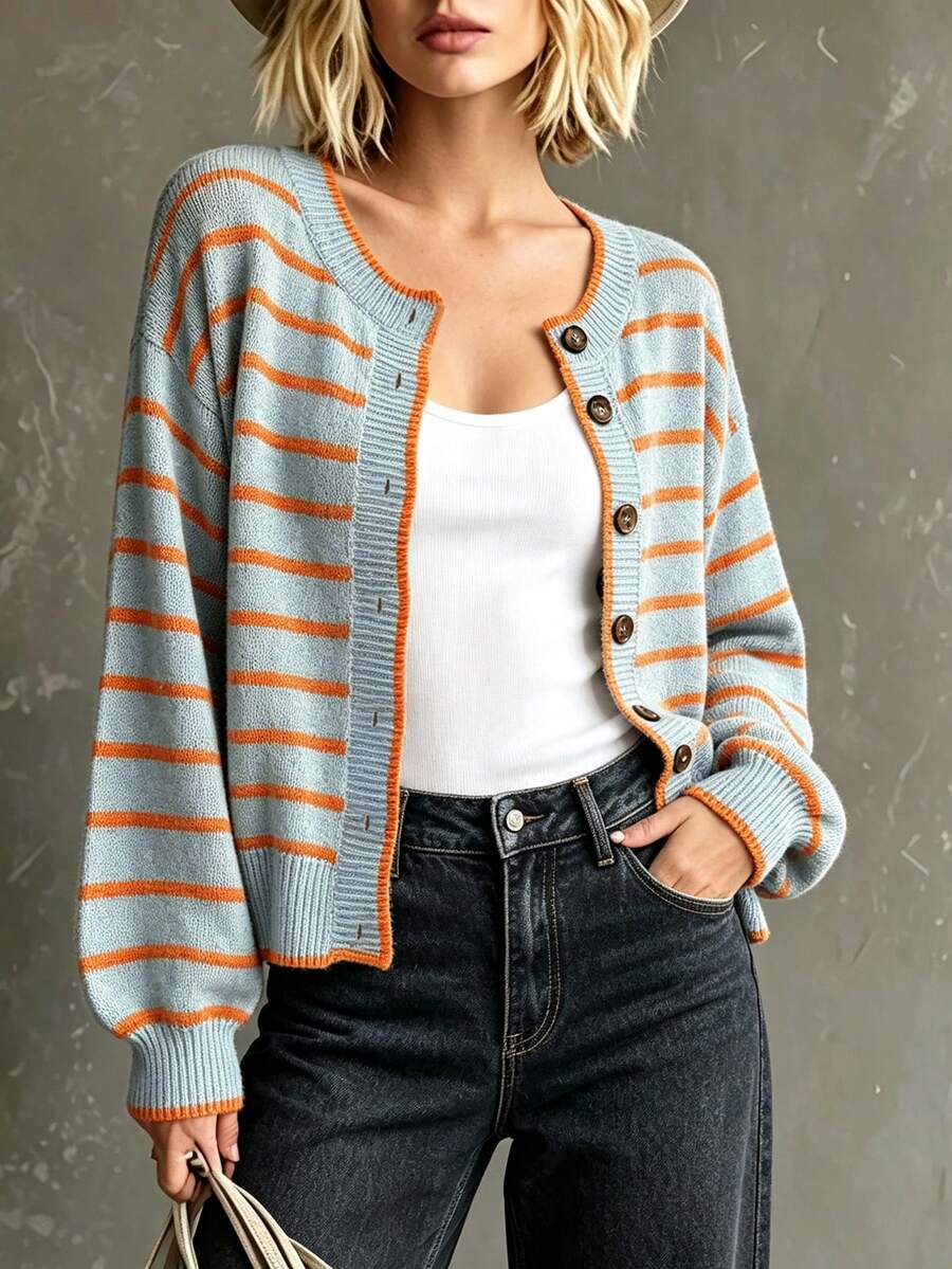 Layla Round Neck Striped Button Front Cardigan - front view