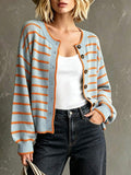 Layla Round Neck Striped Button Front Cardigan - front view