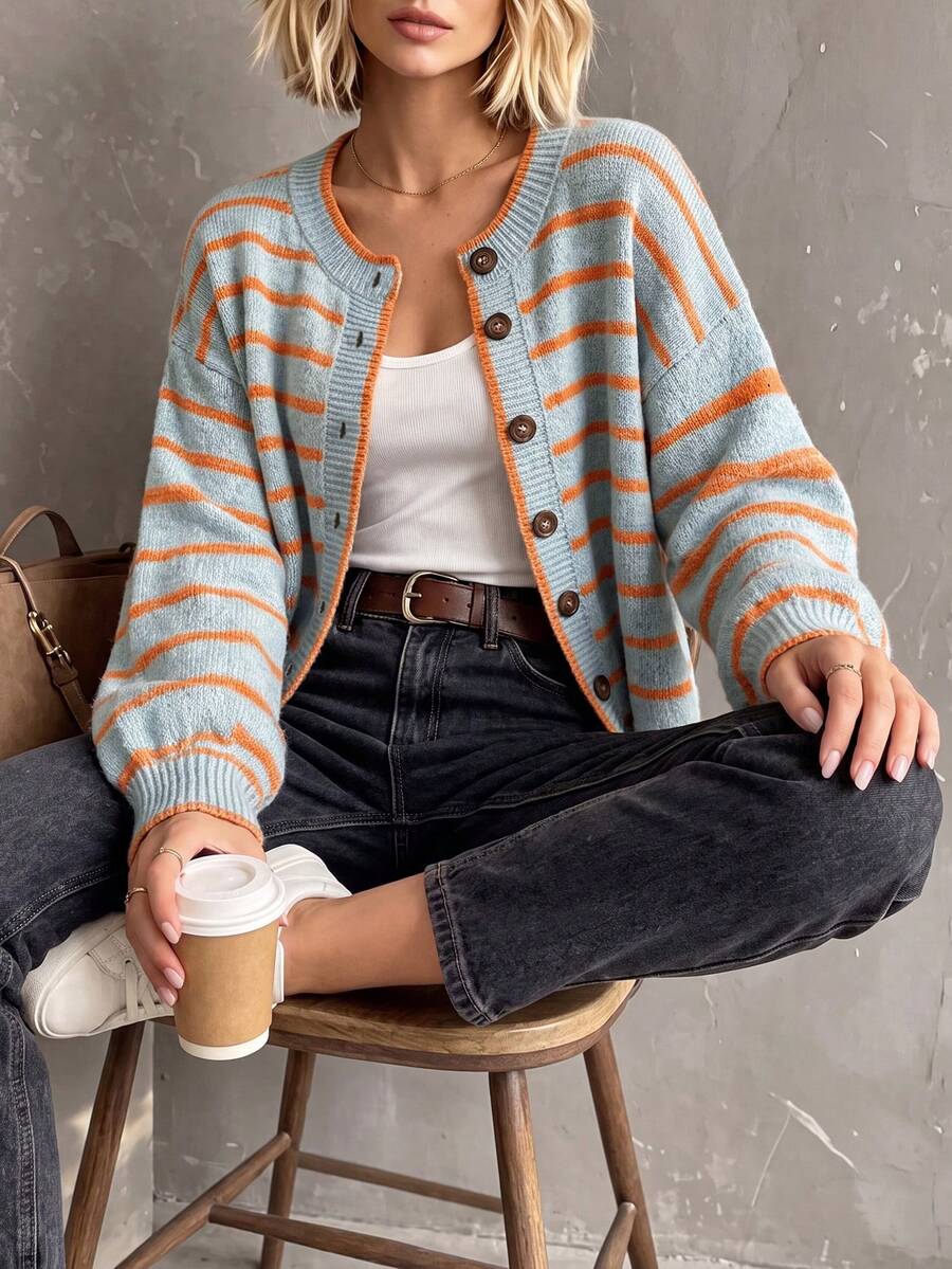 Layla Round Neck Striped Button Front Cardigan - view 4