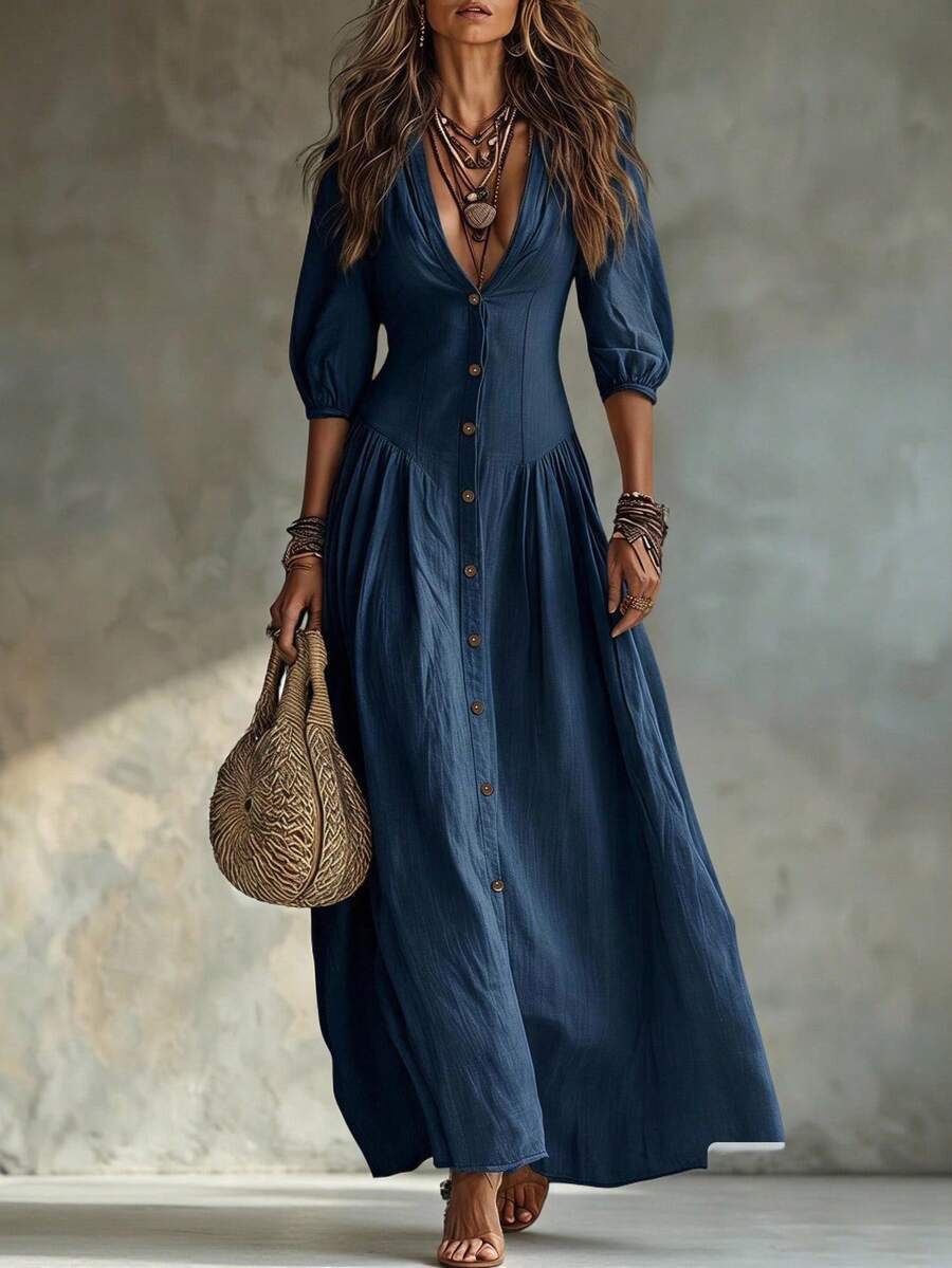 Nova Deep V-Neck Single-Breasted Puff Sleeve Maxi Dress - view 5