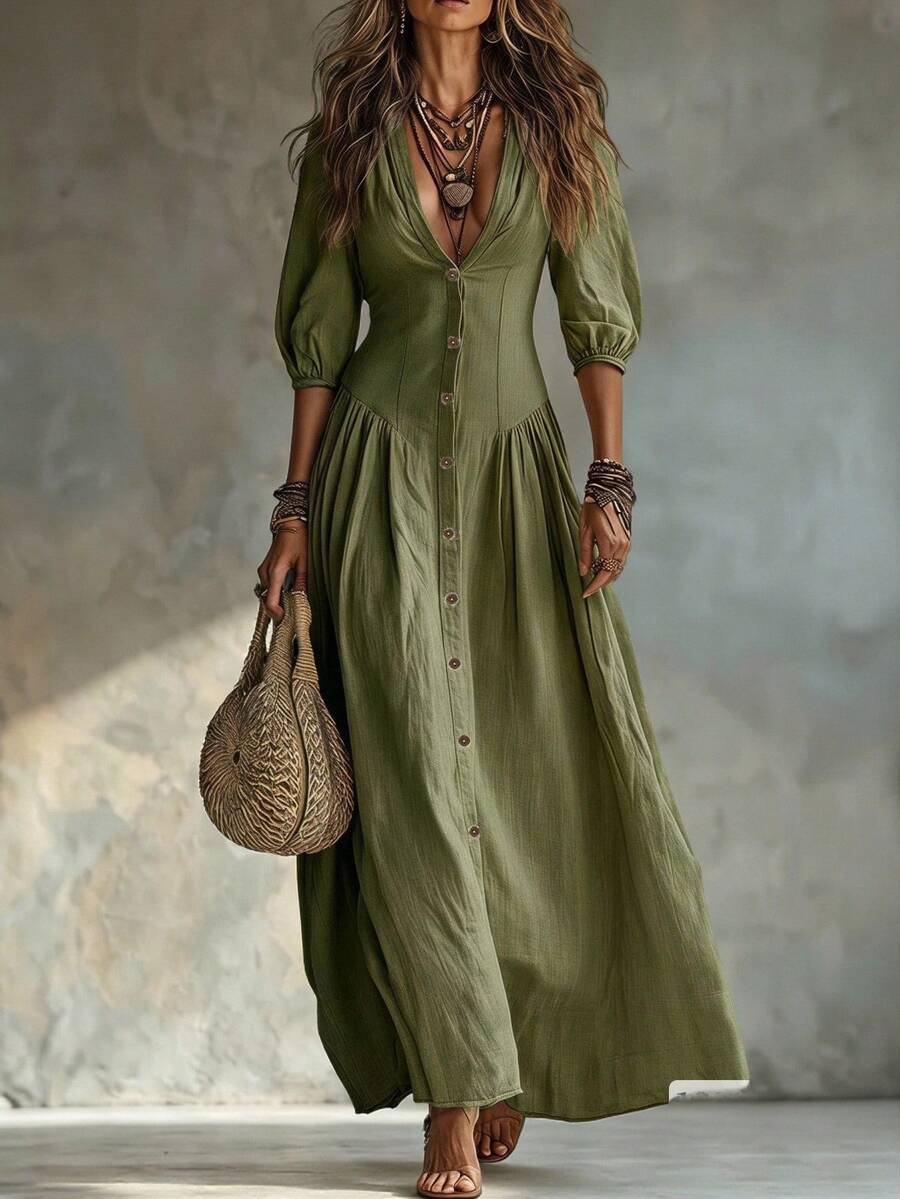 Nova Deep V-Neck Single-Breasted Puff Sleeve Maxi Dress - view 6