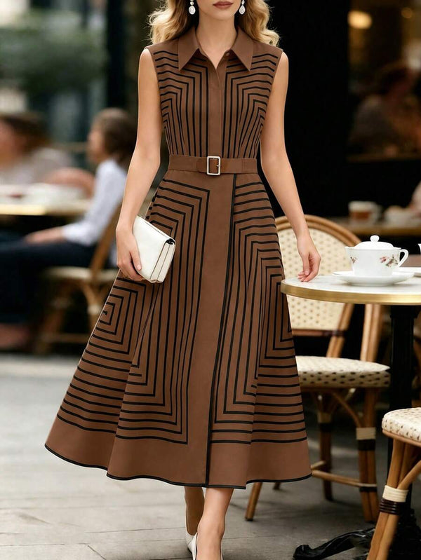 Orla | Geometric Striped Belted Shirt Dress