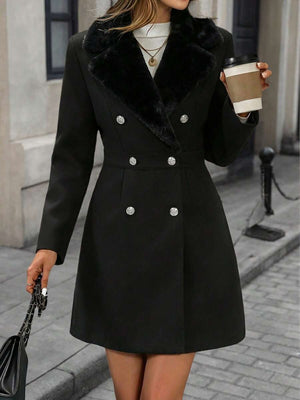Solid Colour Woven Fabric Faux Fur Collar Lined Lightweight Jacket, No Fleece White oaklynwear