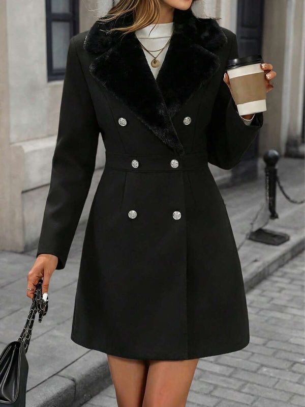 Solid Colour Woven Fabric Faux Fur Collar Lined Lightweight Jacket, No Fleece White oaklynwear