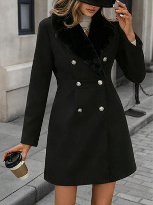 Solid Colour Woven Fabric Faux Fur Collar Lined Lightweight Jacket, No Fleece White oaklynwear
