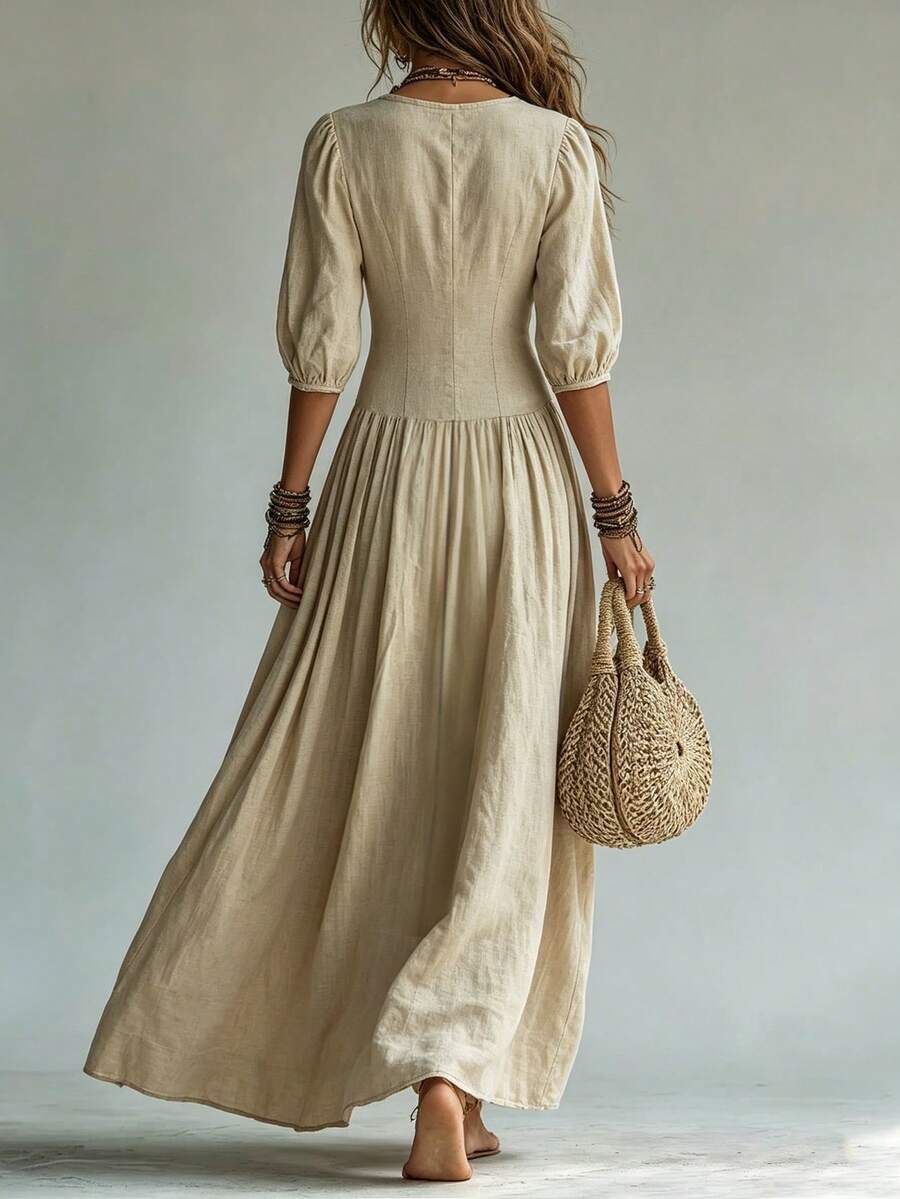 Nova Deep V-Neck Single-Breasted Puff Sleeve Maxi Dress - view 2