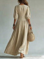 Nova Deep V-Neck Single-Breasted Puff Sleeve Maxi Dress - view 2