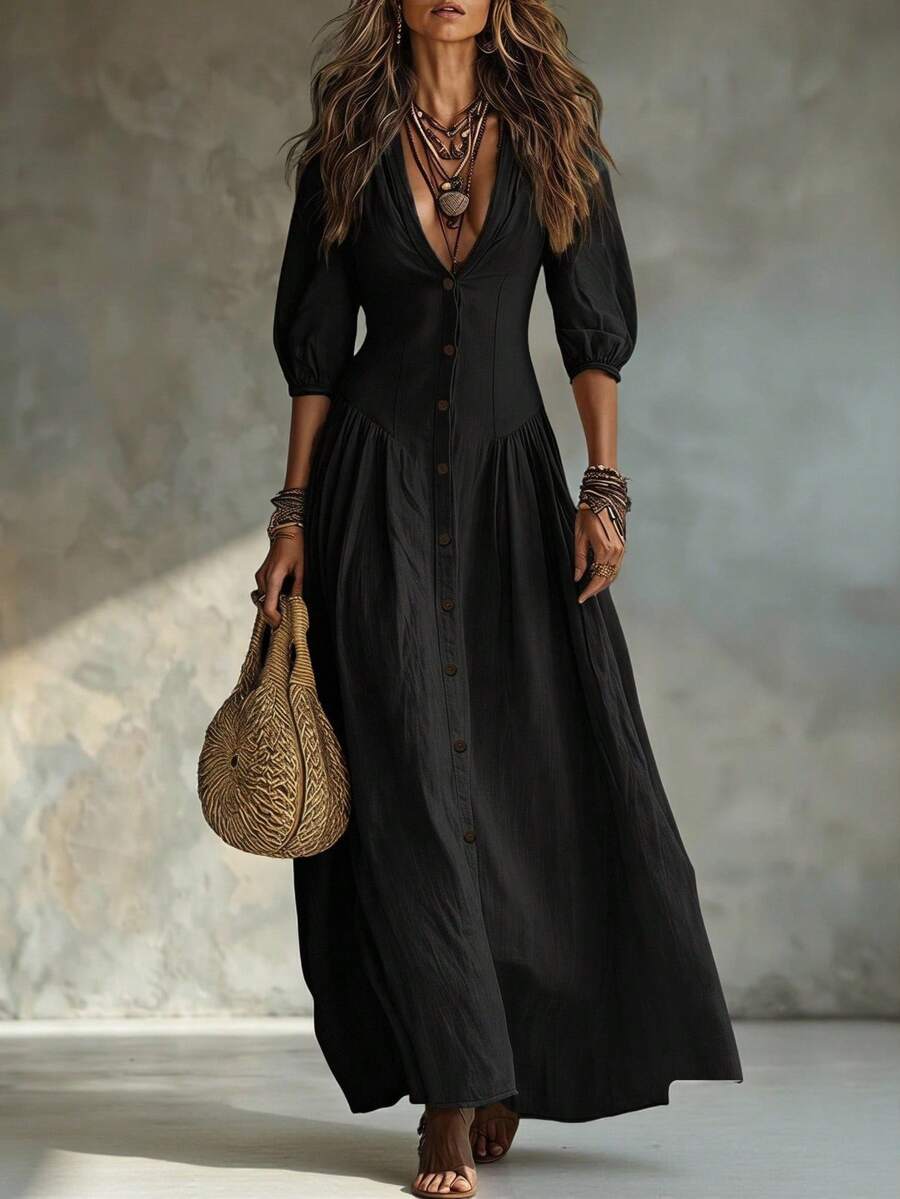 Nova Deep V-Neck Single-Breasted Puff Sleeve Maxi Dress - view 7