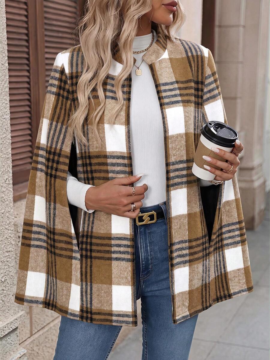 Maeve Plaid Cape Coat with Cloak Sleeves - view 7