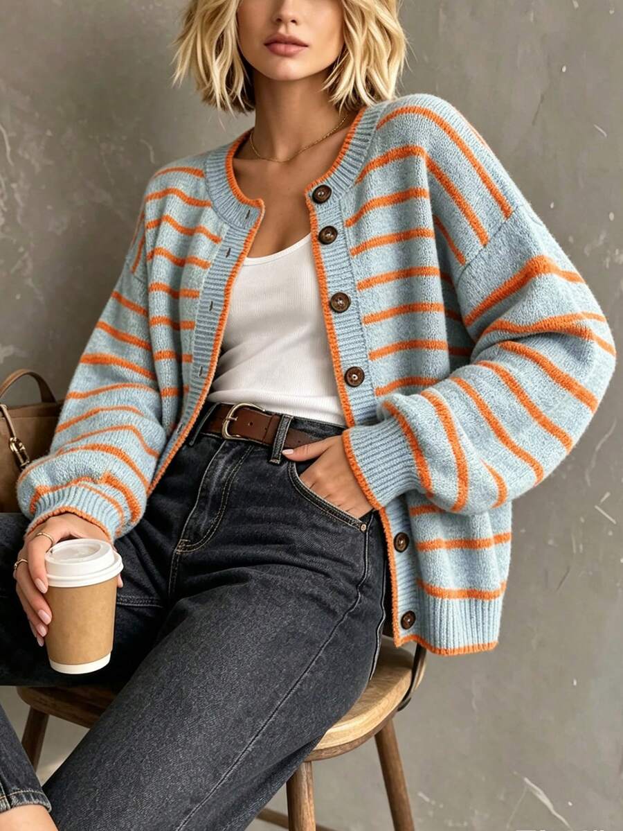 Layla Round Neck Striped Button Front Cardigan - view 3