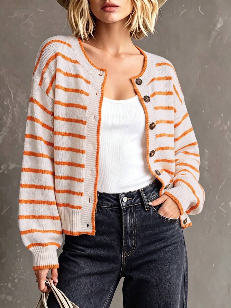 Layla Round Neck Striped Button Front Cardigan - view 7