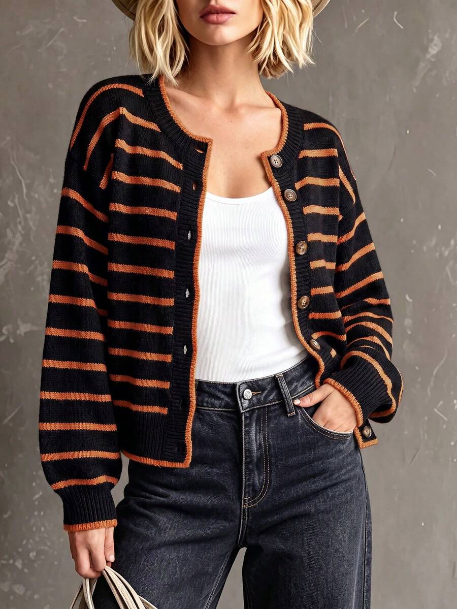 Layla Round Neck Striped Button Front Cardigan - view 6