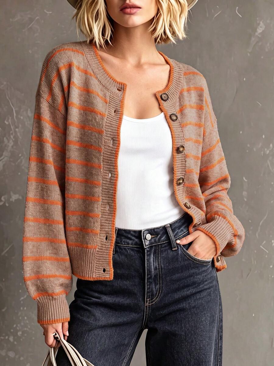 Layla Round Neck Striped Button Front Cardigan - view 8