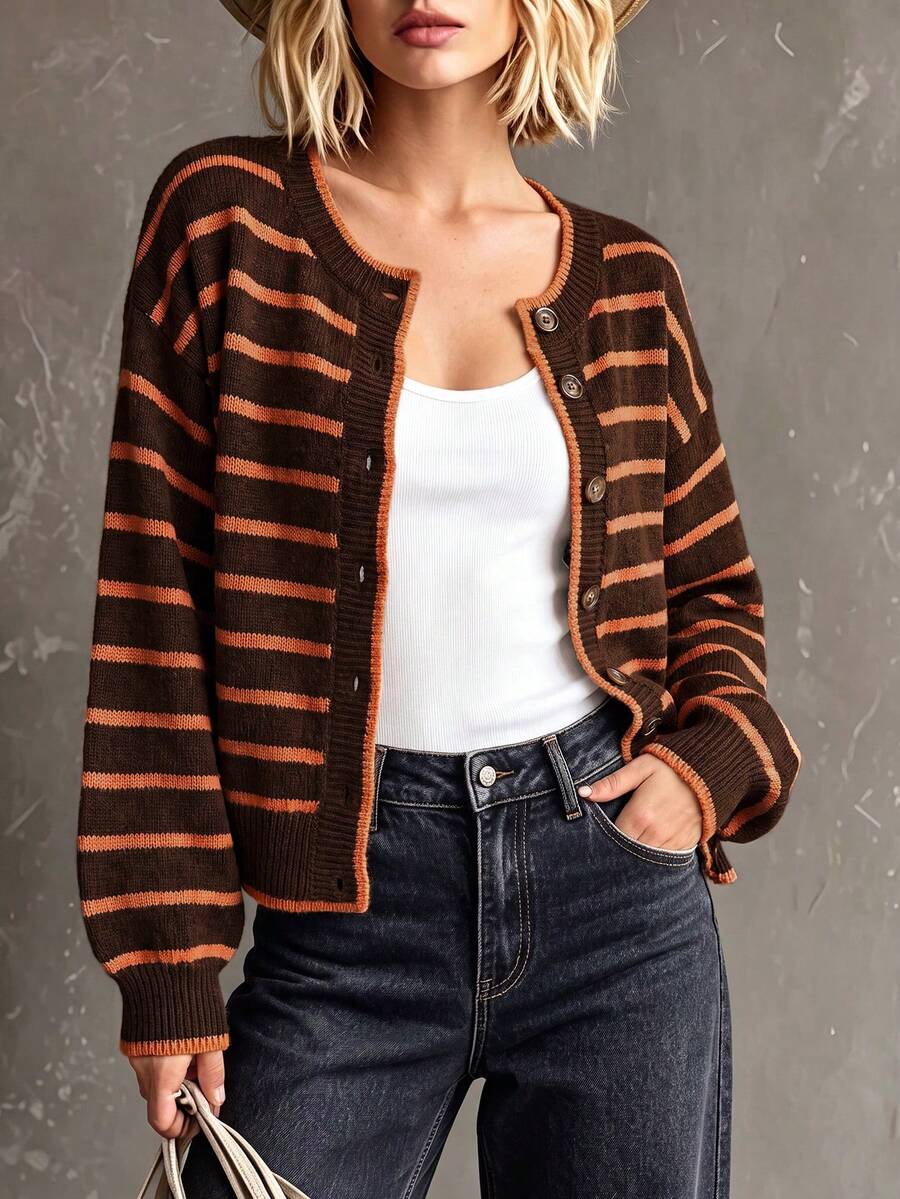 Layla Round Neck Striped Button Front Cardigan - view 9
