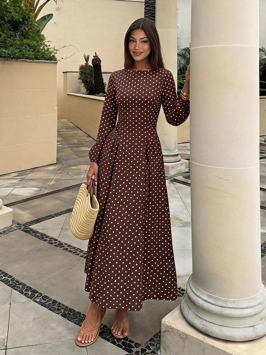 Lola Round Neck Polka Dot Pleated A-Line Maxi Dress - view 2