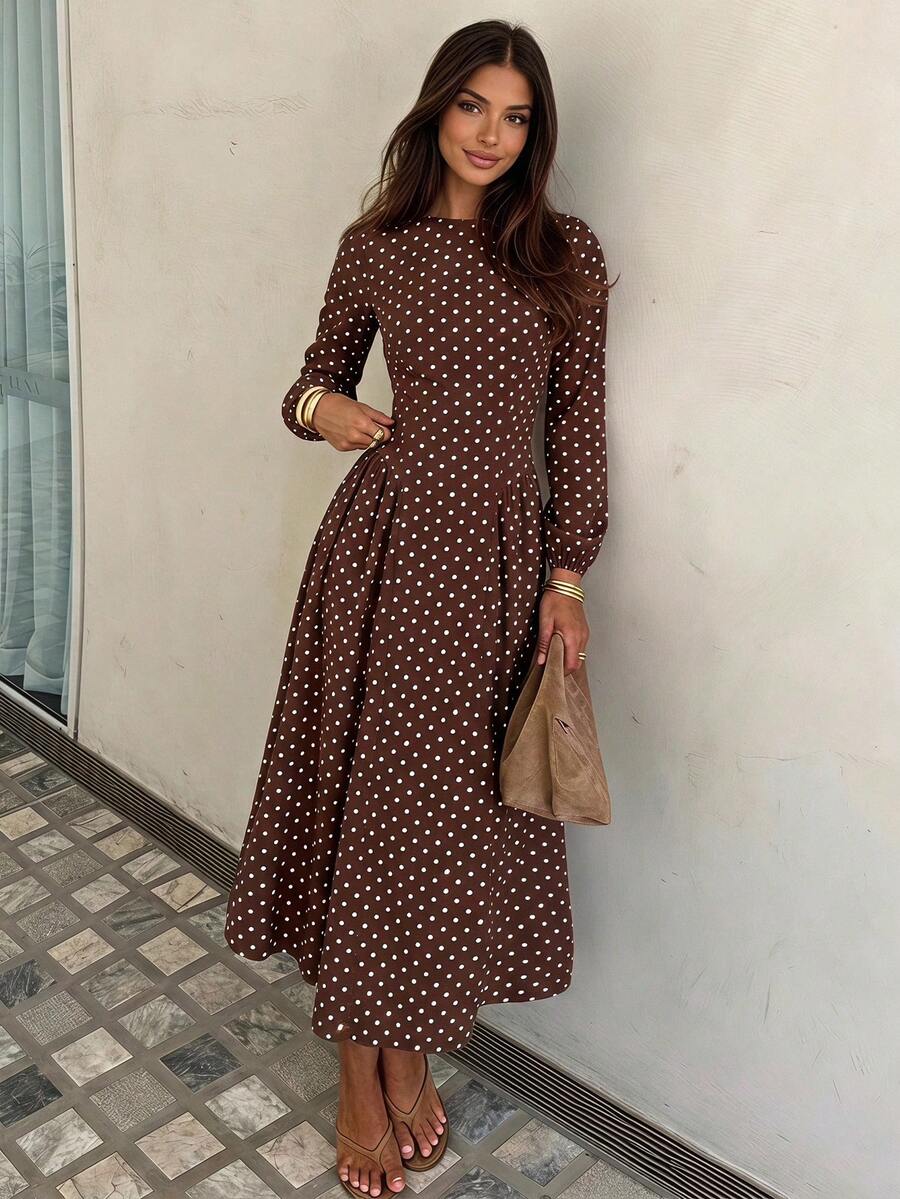 Lola Round Neck Polka Dot Pleated A-Line Maxi Dress - view 3