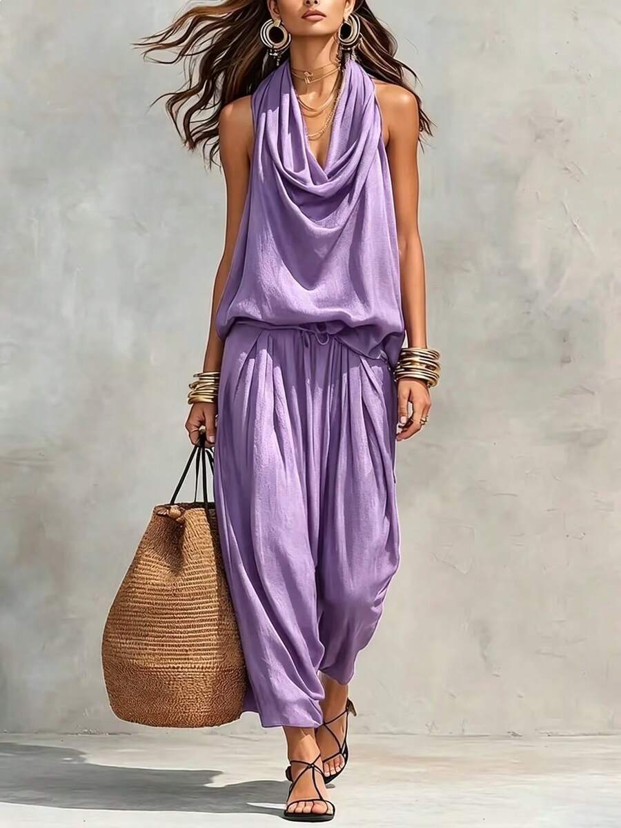 Freddie Cowl Neck Halter Wide Leg Jumpsuit - front view