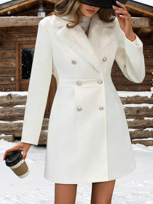 Solid Colour Woven Fabric Faux Fur Collar Lined Lightweight Jacket, No Fleece White oaklynwear