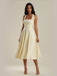 Eileen | Mesh Halter Square Neck Midi Dress with Self Tie Collar