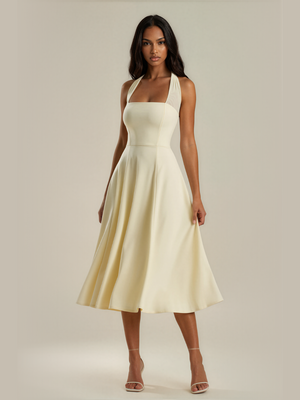 Eileen | Mesh Halter Square Neck Midi Dress with Self Tie Collar