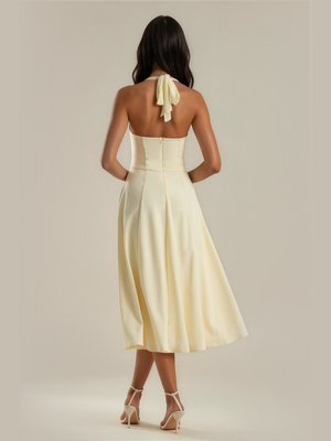Eileen | Mesh Halter Square Neck Midi Dress with Self Tie Collar