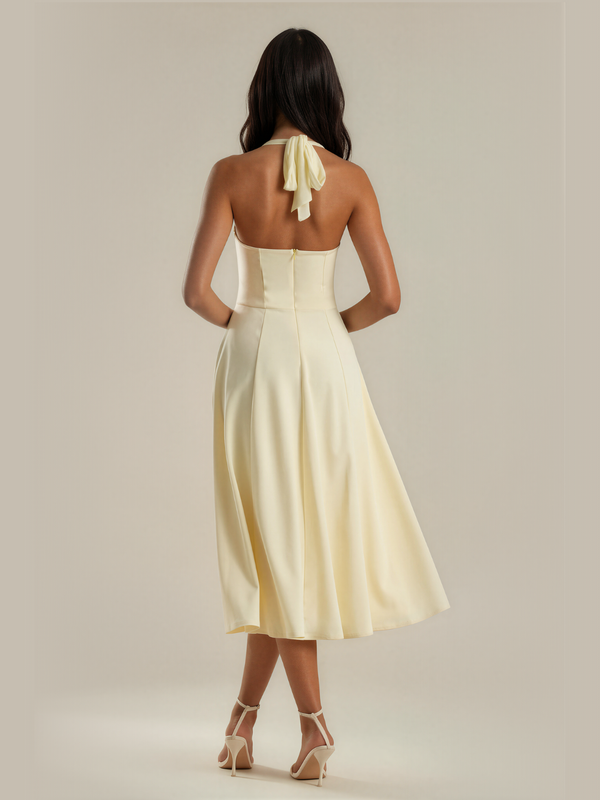 Eileen | Mesh Halter Square Neck Midi Dress with Self Tie Collar