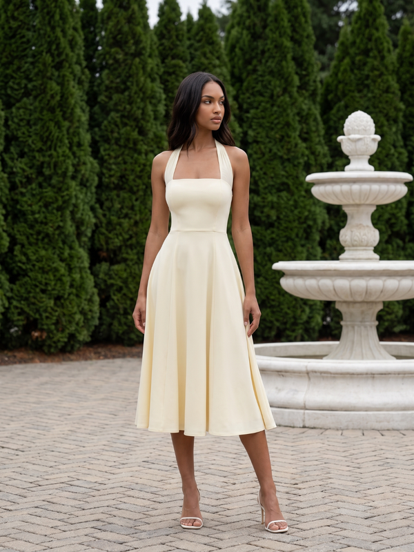Eileen | Mesh Halter Square Neck Midi Dress with Self Tie Collar