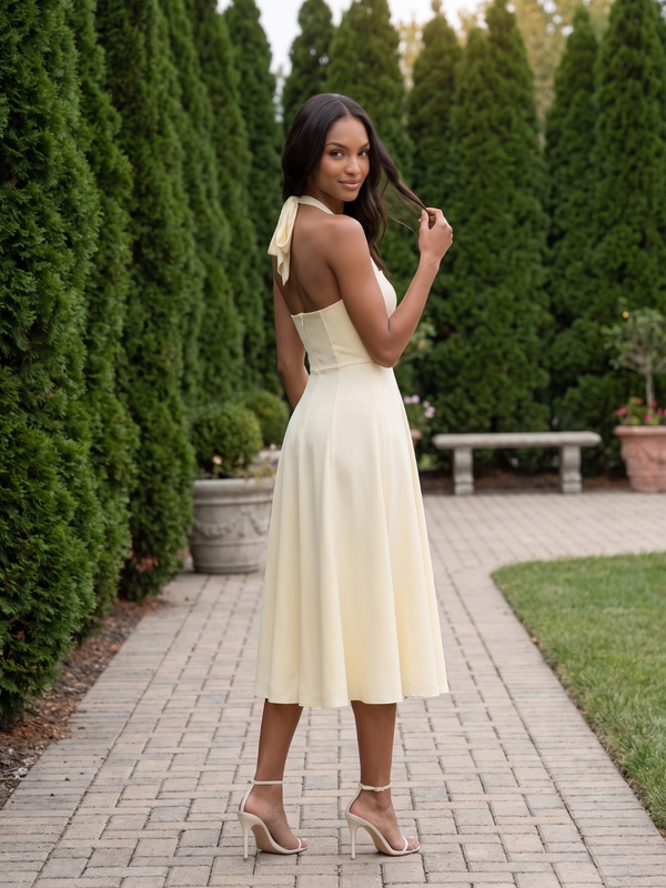 Eileen | Mesh Halter Square Neck Midi Dress with Self Tie Collar