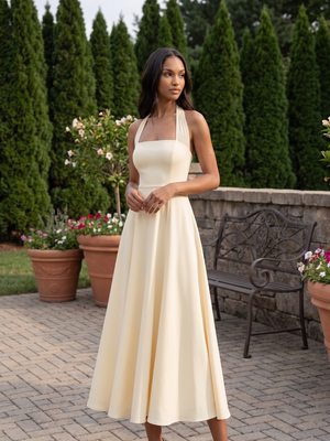 Eileen | Mesh Halter Square Neck Midi Dress with Self Tie Collar