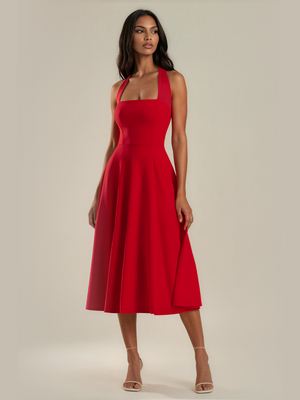 Eileen | Mesh Halter Square Neck Midi Dress with Self Tie Collar