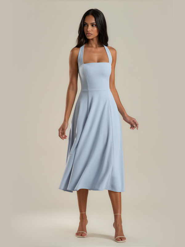 Eileen | Mesh Halter Square Neck Midi Dress with Self Tie Collar