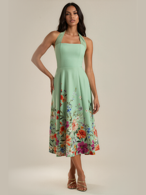 Eileen | Mesh Halter Square Neck Midi Dress with Self Tie Collar
