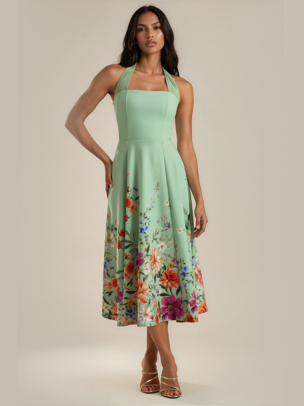 Eileen | Mesh Halter Square Neck Midi Dress with Self Tie Collar