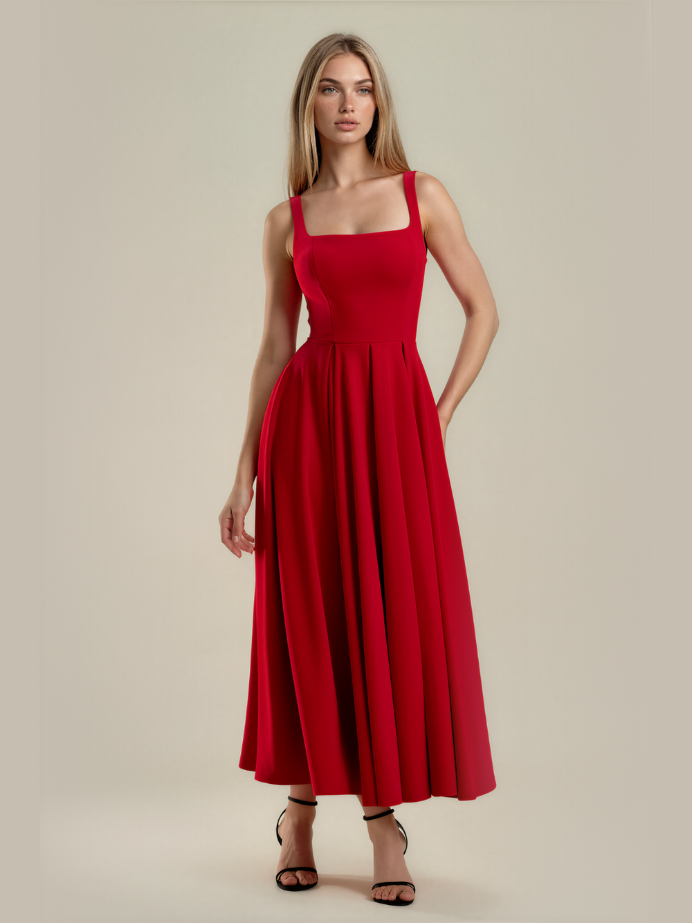 Eliza | Square Neck Corset Seam Pleated Midi Dress