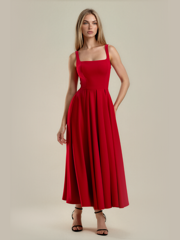 Eliza | Square Neck Corset Seam Pleated Midi Dress