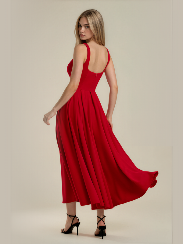 Eliza | Square Neck Corset Seam Pleated Midi Dress