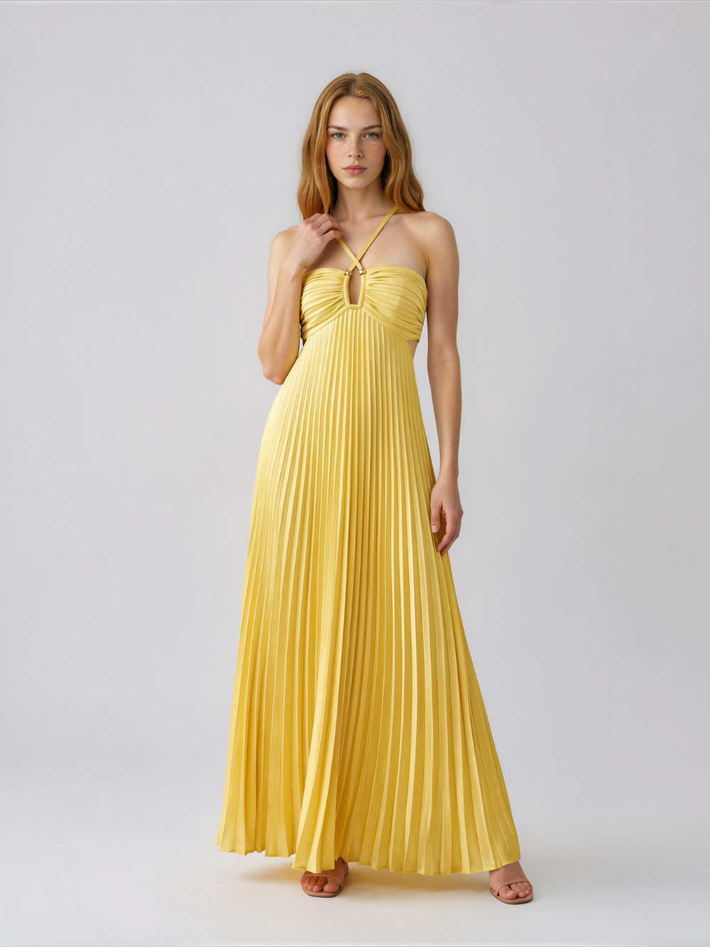 Olivia | Pleated Halter Neck Maxi Dress with Open Back