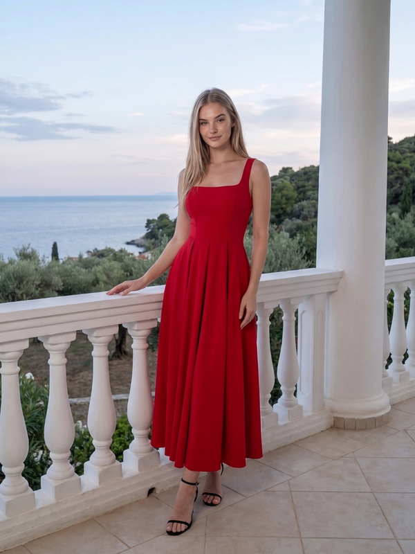 Eliza | Square Neck Corset Seam Pleated Midi Dress