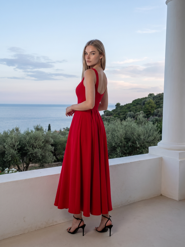 Eliza | Square Neck Corset Seam Pleated Midi Dress