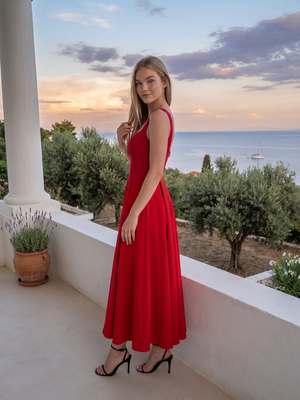 Eliza | Square Neck Corset Seam Pleated Midi Dress