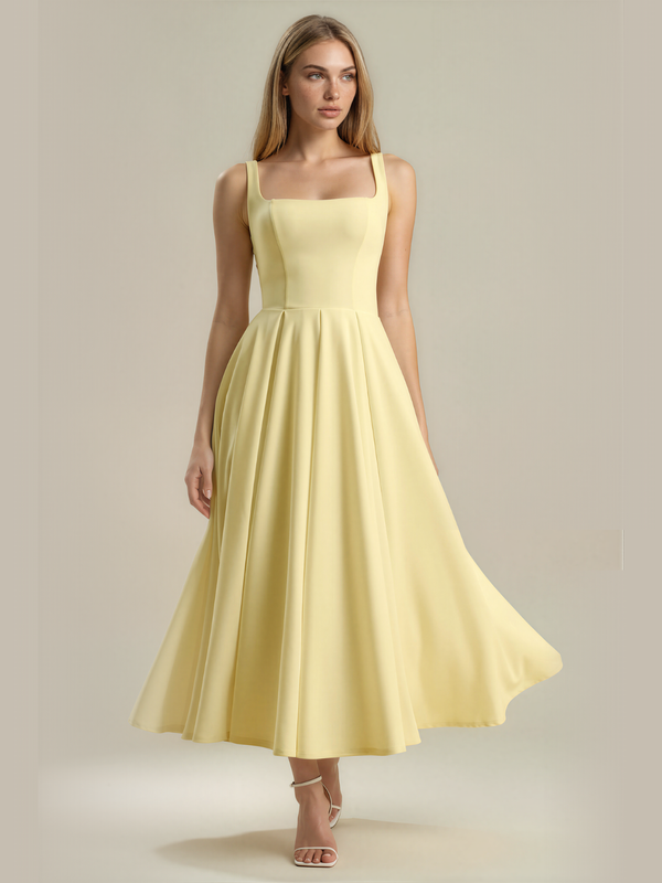 Eliza | Square Neck Corset Seam Pleated Midi Dress